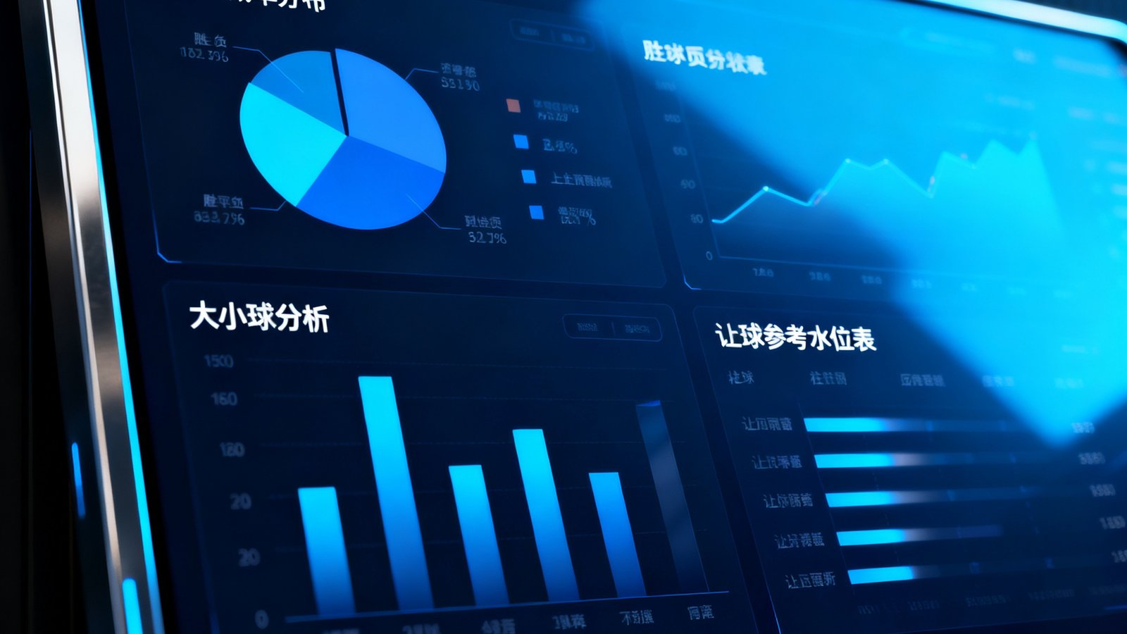智能预测数据仪表盘界面，展示胜平负概率分布饼图、大小球分析柱状图和让球参考水位表，深色科技感UI设计