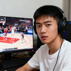 一位戴着耳机观看比赛的年轻男性头像，身后是电脑屏幕显示着篮球比赛画面